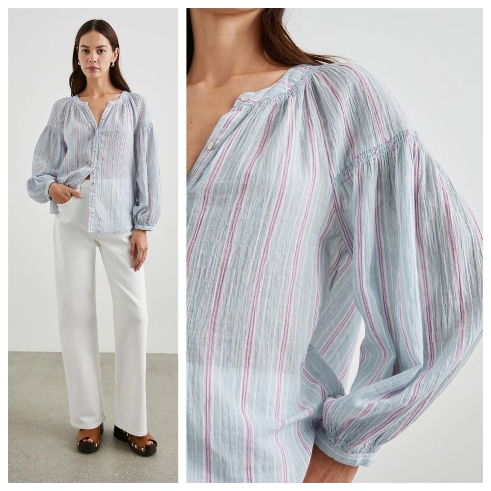 RAILS Kenlie Women’s L Blue Button Down Blouse Peasant Beachy Travel Lightweight